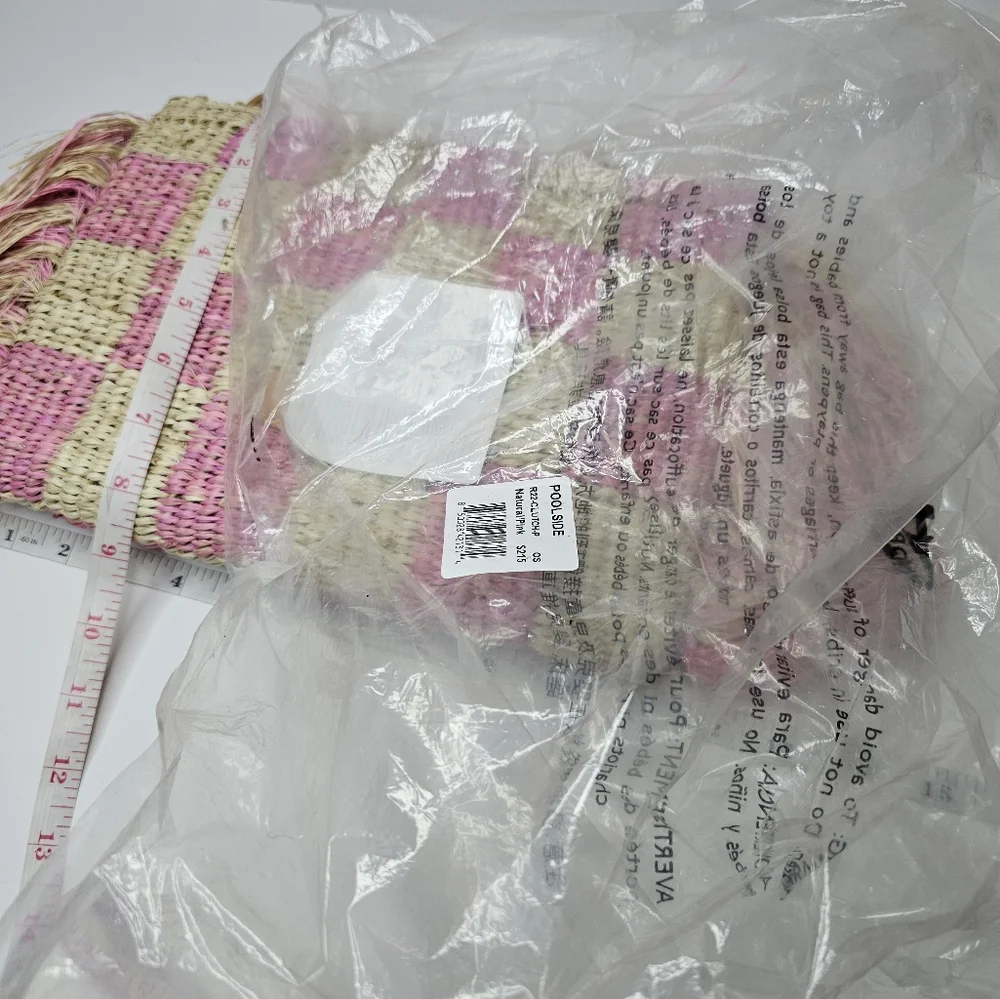 Poolside Clutch Natural/Pink Checkered Fringe Clutch Straw NWT Upcycled Organic - Picture 13 of 13